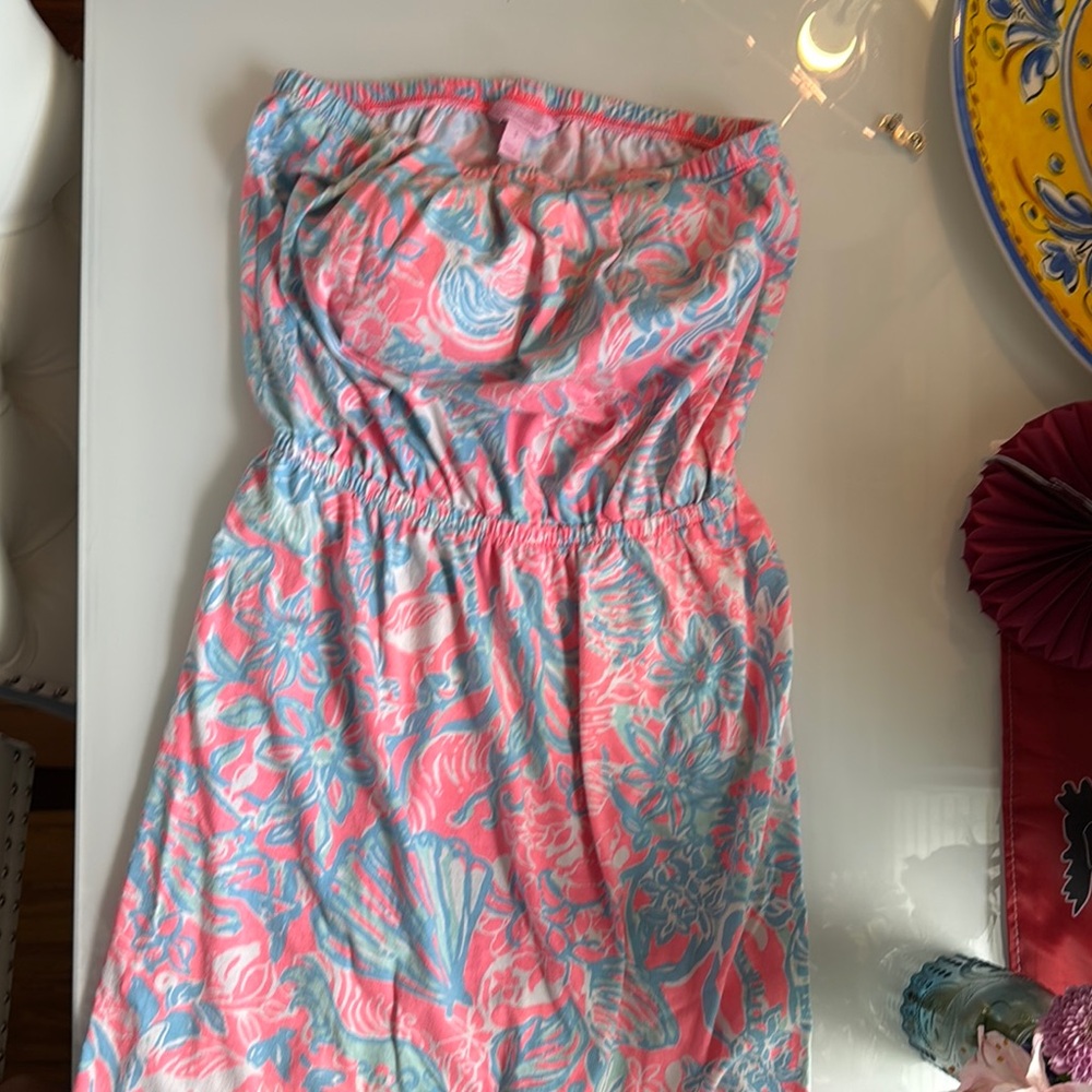 Strapless Pink and Blue Floral Dress